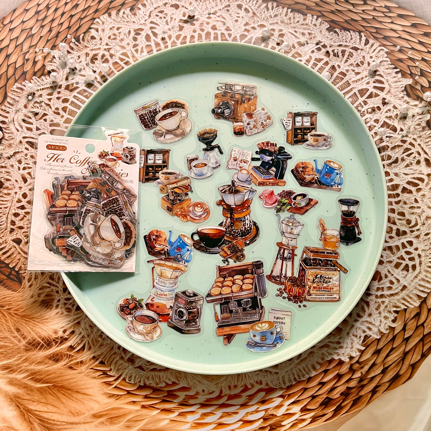 30 Pcs Her Coffee Memory Series Vintage Character Coffee Stickers