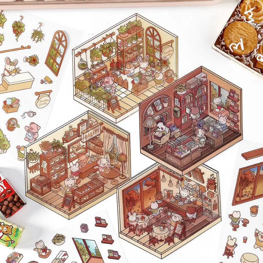 1 piece/pack open today cute animal style DIY 3D landscape PET sticker pack