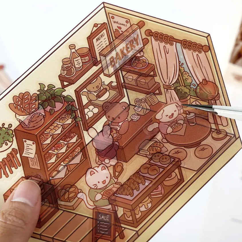 1 piece/pack open today cute animal style DIY 3D landscape PET sticker pack
