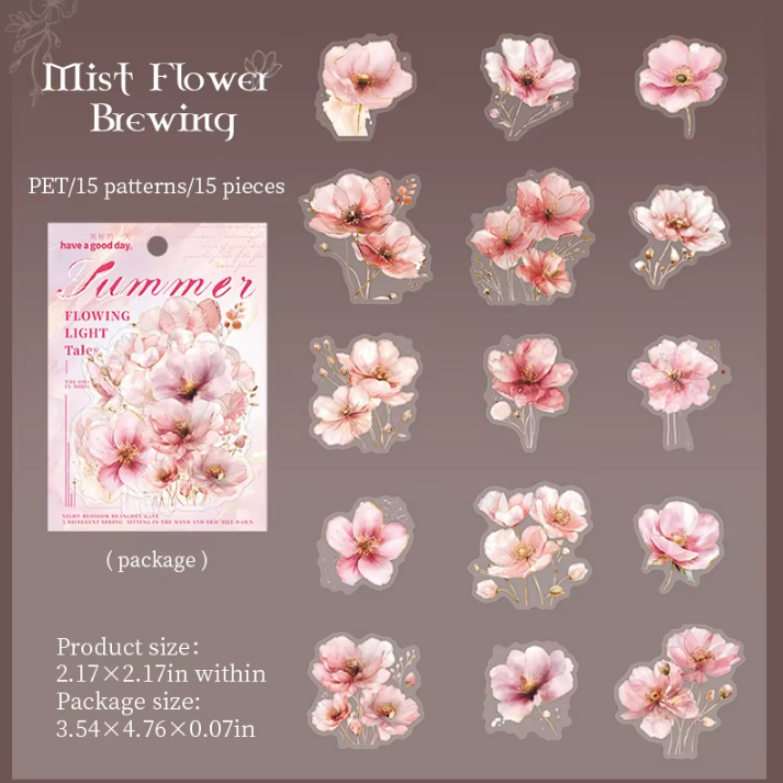 15 pcs Flower Story Series Multi-Size Flower Sticker Pack