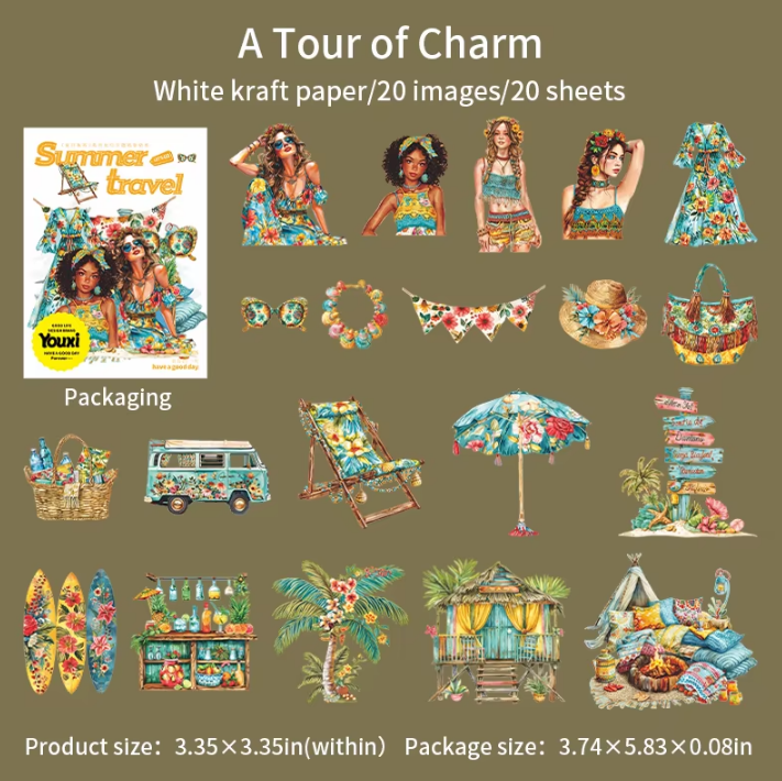 20 Pcs Summer Travel Journey Series Vintage Character stickers