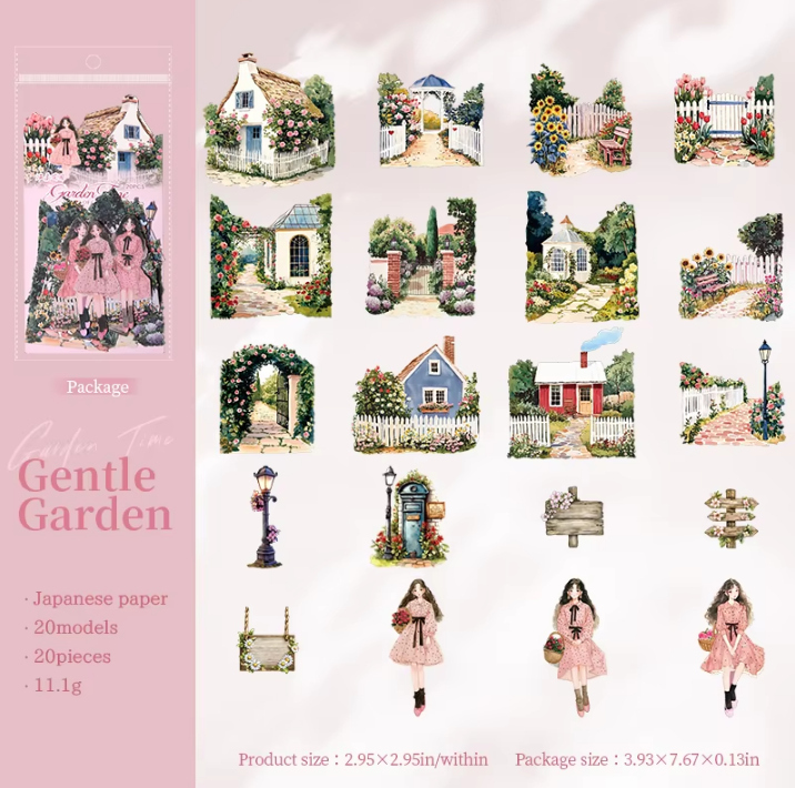 20 Pcs Garden Time Series Vintage Flower House Character Washi Stickers