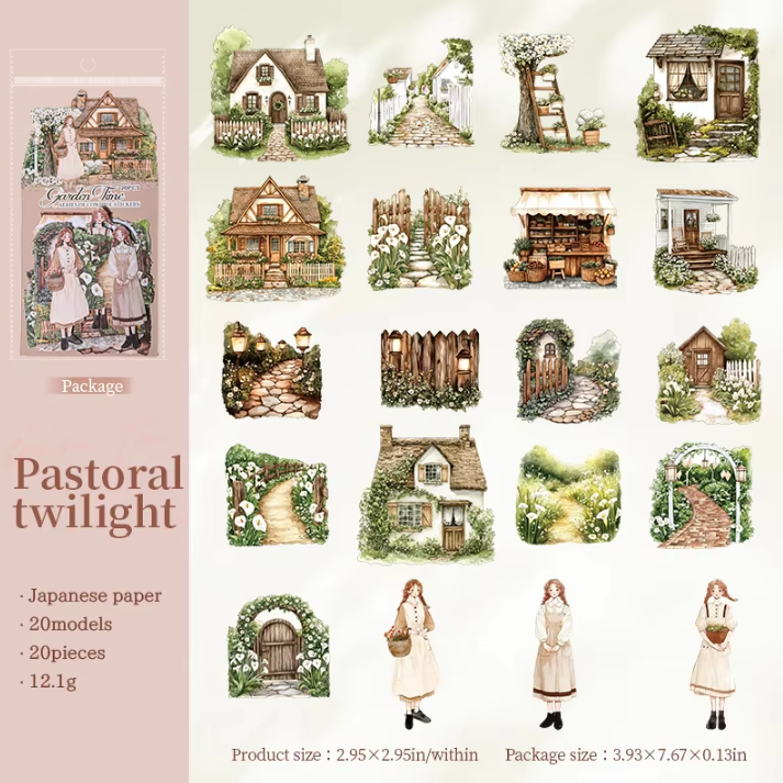 20 Pcs Garden Time Series Vintage Flower House Character Washi Stickers