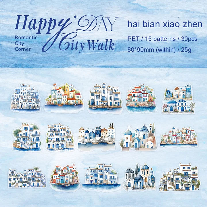 30 Pcs City Roaming Series Cute Travel Building Landscaping pet sticker