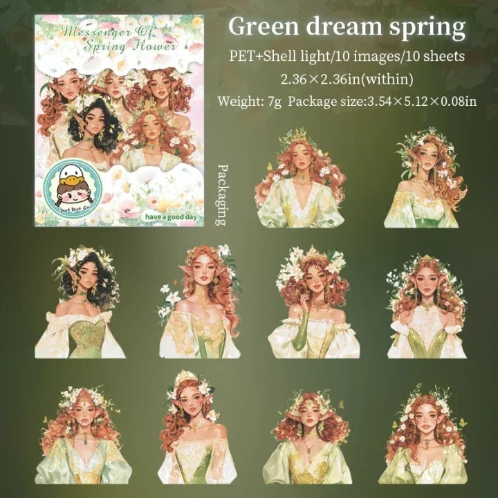 10 Pcs Messenger of Spring Flower Series Vintage Spring Girl Theme Pet Stickers