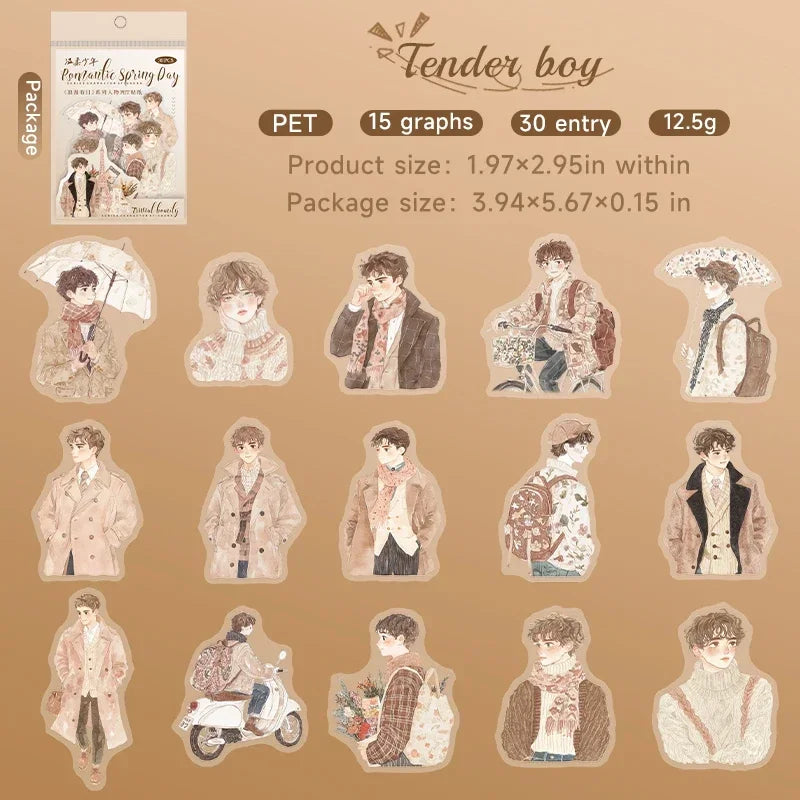 30 Pcs Romantic Spring Day Series Vintage Character Pet Stickers