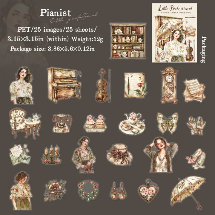 25 Pcs Retro Little Professional Series Vintage Character Landscaping PET Sticker pack