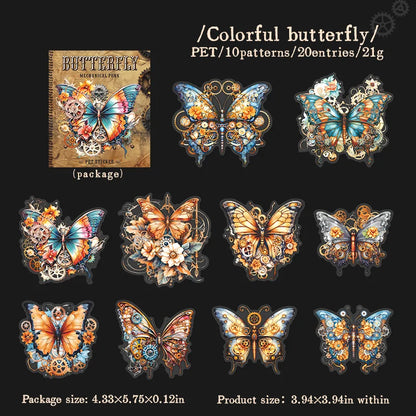 20 Pcs Mechanical Butterfly Series Vintage Punk Landscaping PET Sticker