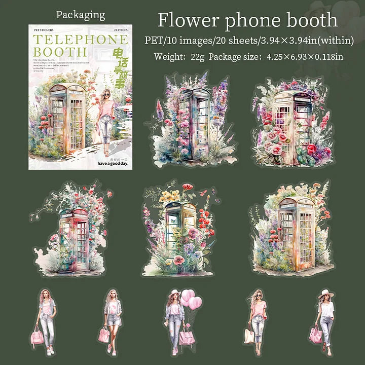 20 pcs Retro Girl Street Corner Phone Booth Sticker pack