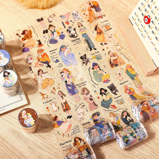 1 Roll Pets and Girl Series Original Character PET Tape for journaling