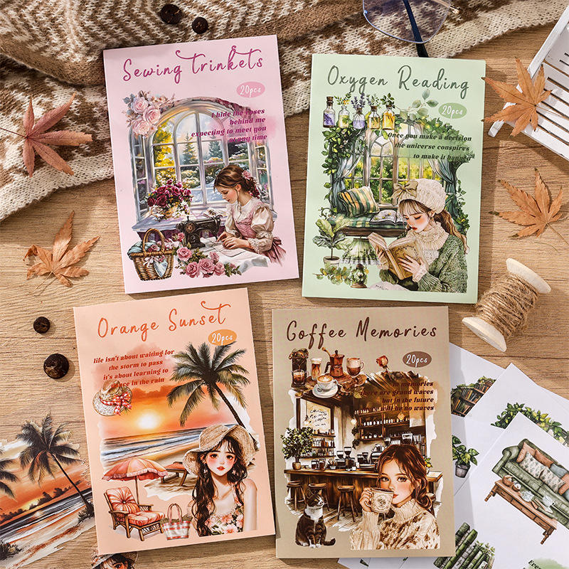 20 Pcs Small Fortune Series Vintage Character Flower Coffee Landscape Sticker Book