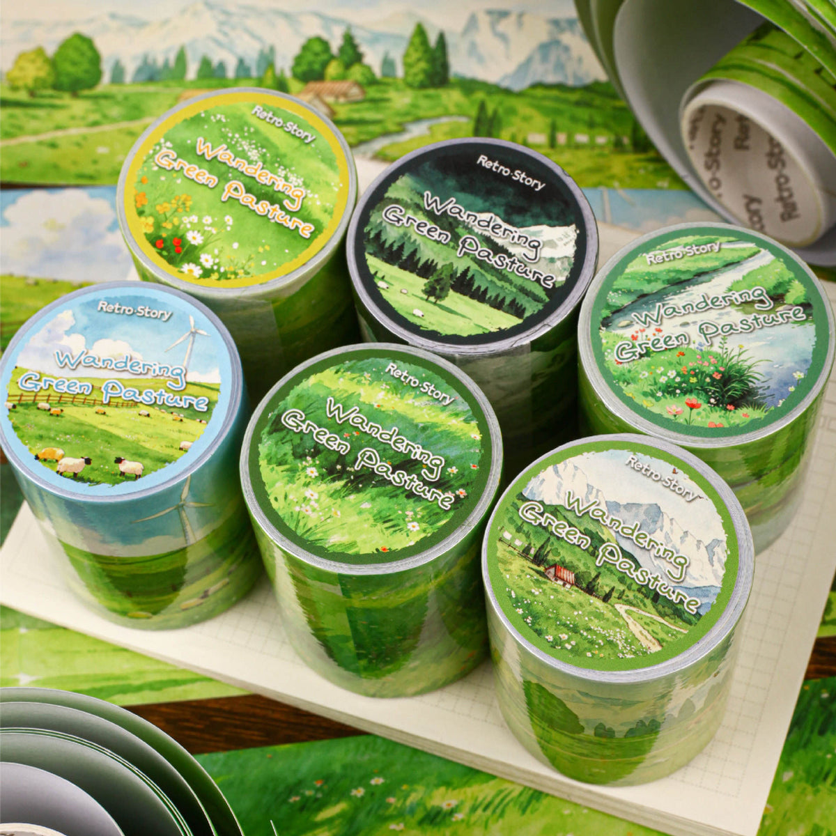 1 Roll Wandering Green Pasture Series Scenery Themed Tape