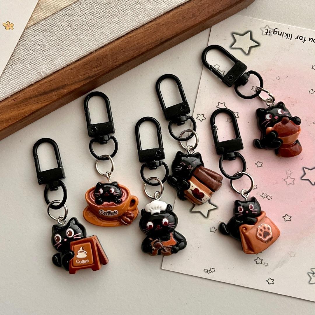 1 Pc Cute Black Cat Coffee Keychain Cute Charms