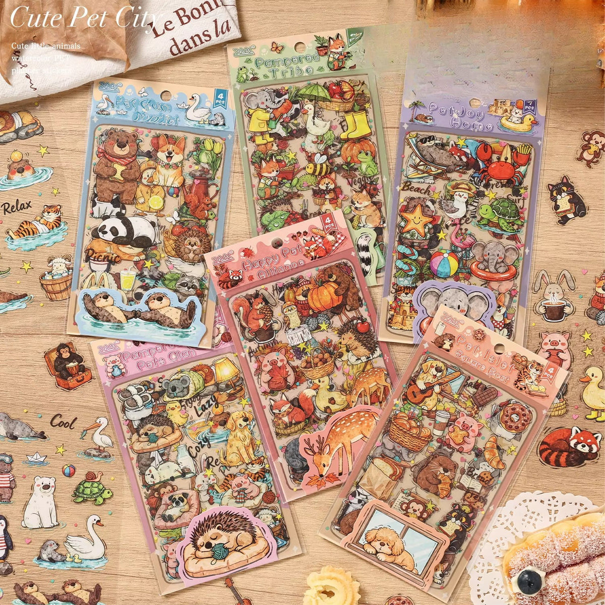 4 Sheets Cute Pet City Series Cartoon Stickers for Journaling