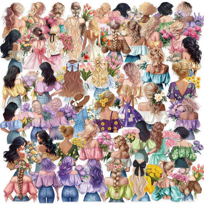 50 Pcs Colorful Floral Girl Sticker Pack for Bullet Journals
