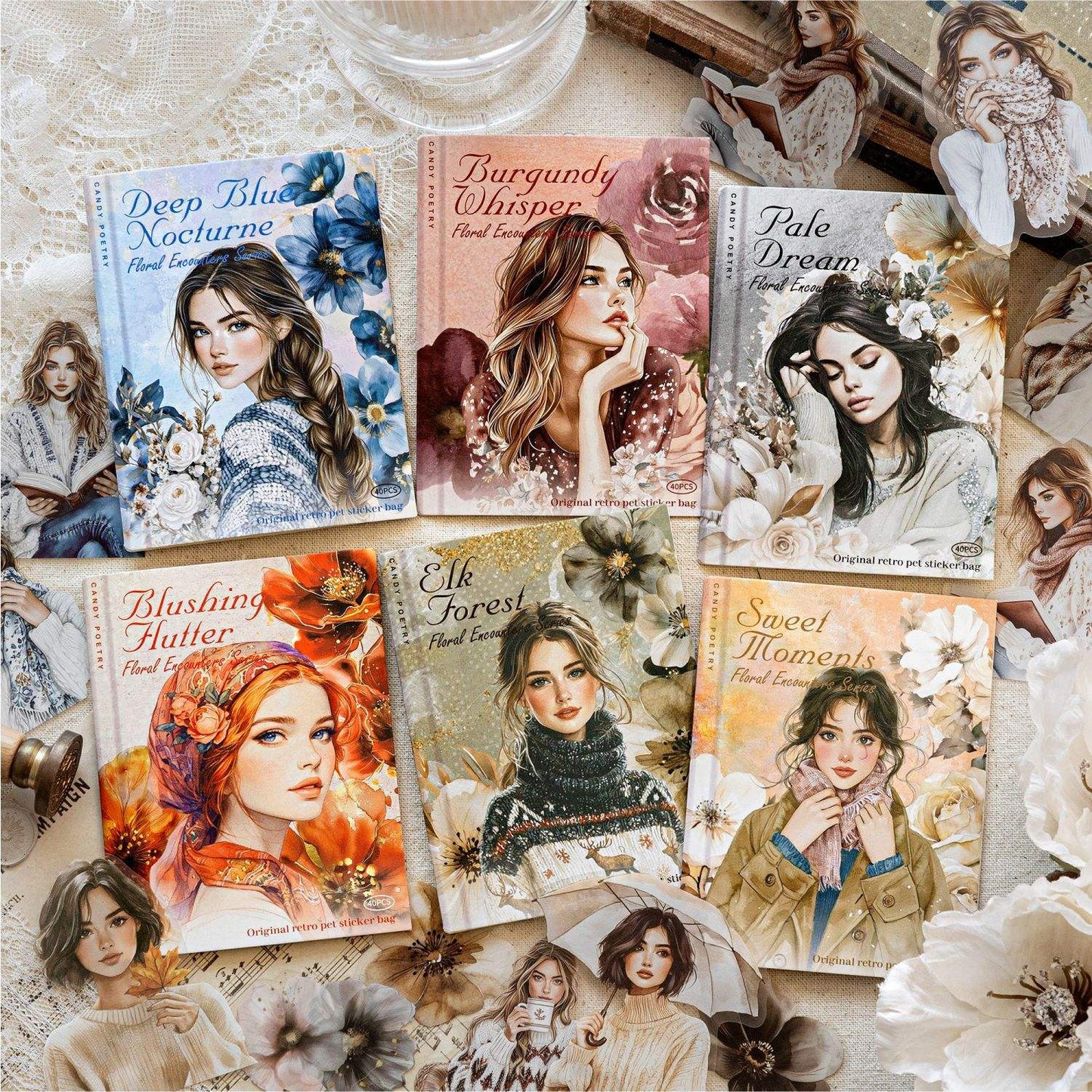 40 Pcs Blooming Encounters Retro Character Floral Stickers