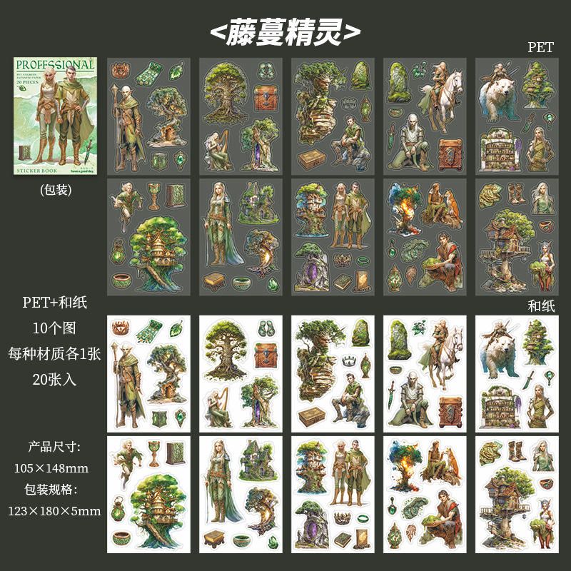 20 Sheets Fantasy Occupation Dual-Material Character Scenery Sticker Book