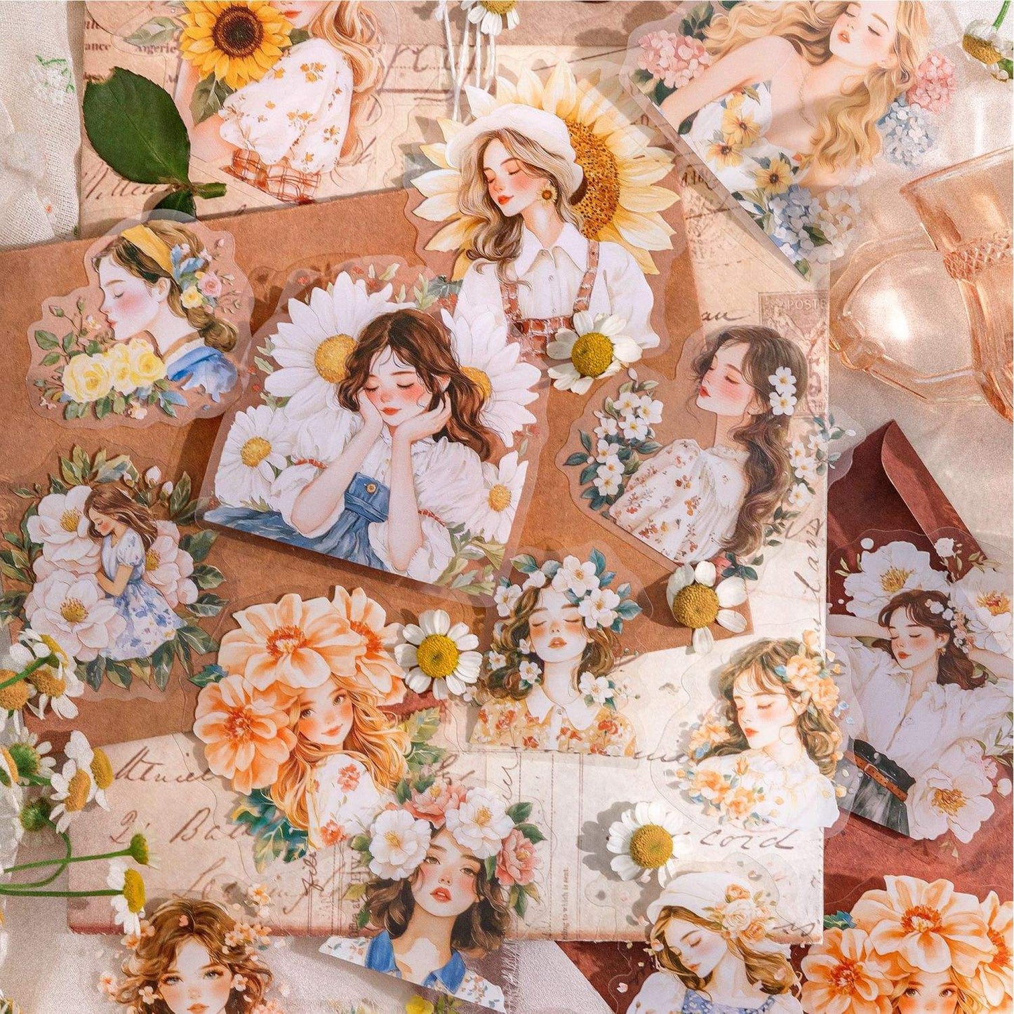30 Pcs Flower-Adorned Girl Series Retro character journaling Stickers