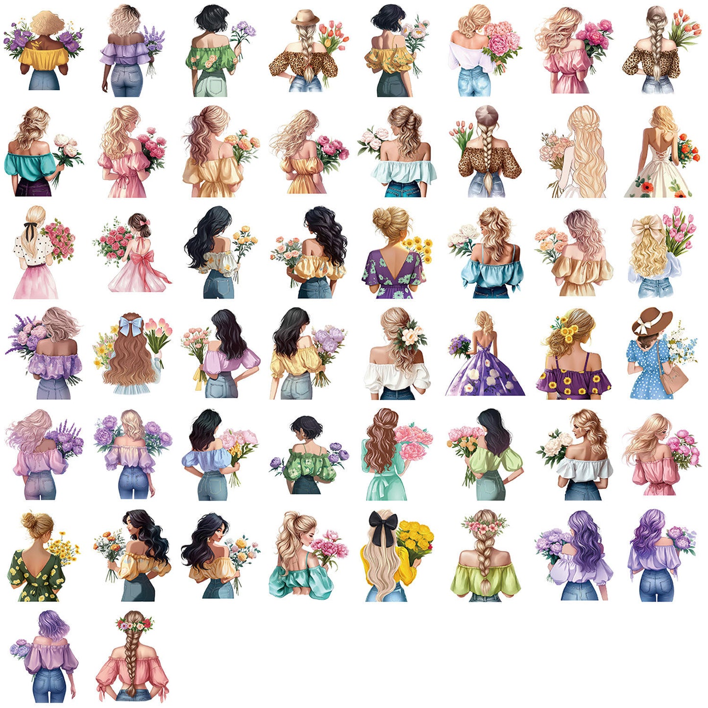 50 Pcs Colorful Floral Girl Sticker Pack for Bullet Journals