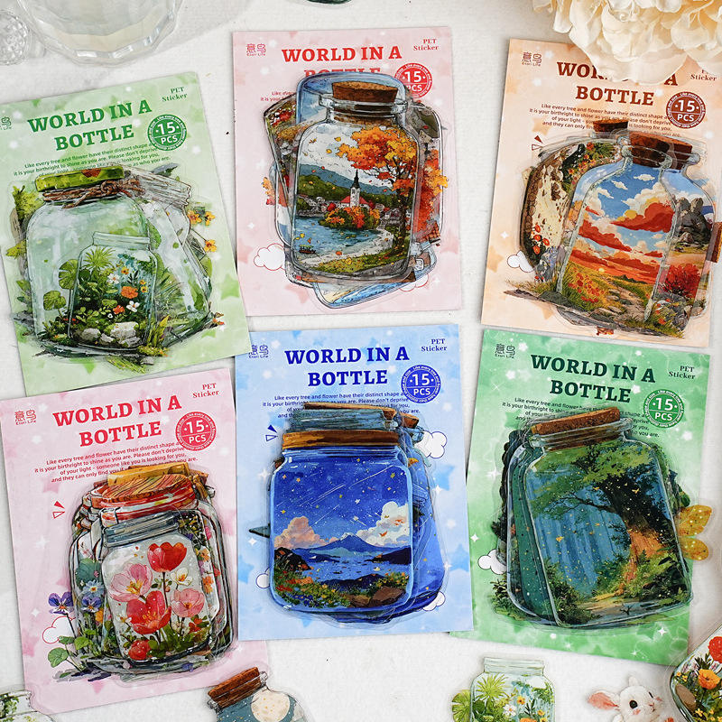15 Pcs Bottle World Series Oil Painting Bottle Scenery Stickers