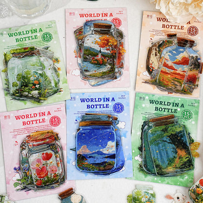 15 Pcs Bottle World Series Oil Painting Bottle Scenery Stickers