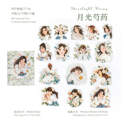 30 Pcs Flower-Adorned Girl Series Retro character journaling Stickers