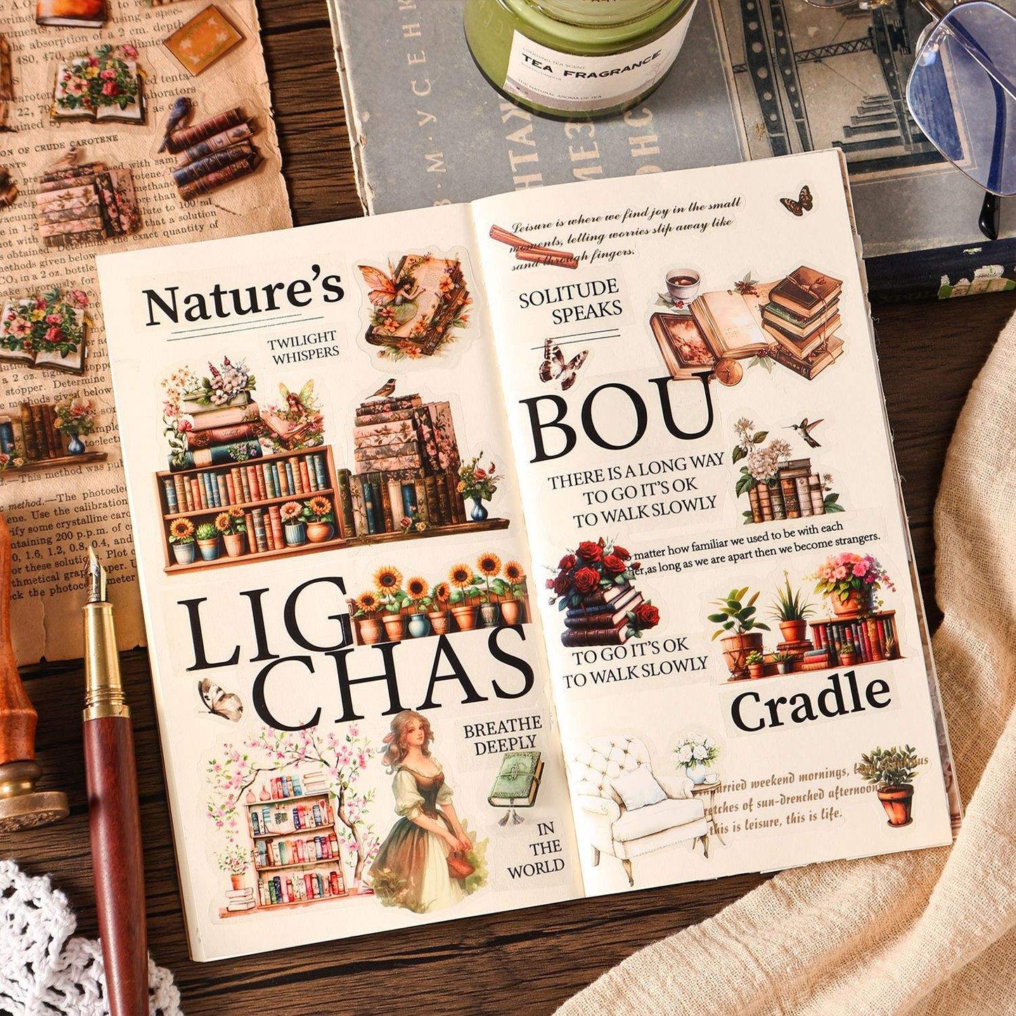 40 Pcs Flower Pavilion Book Collection Vintage Floral Book Themed Stickers