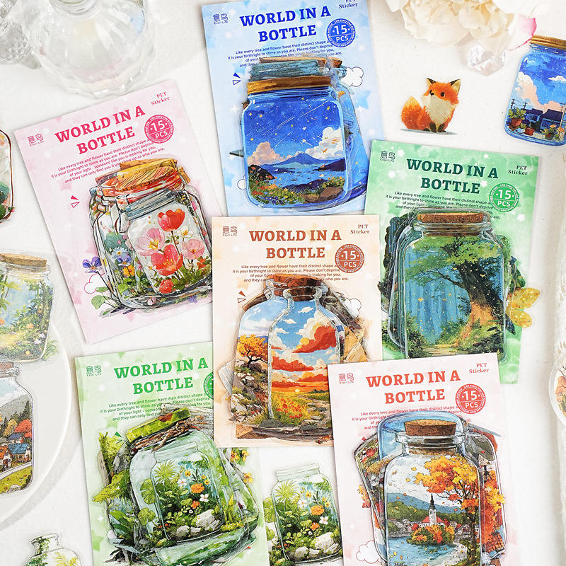 15 Pcs Bottle World Series Oil Painting Bottle Scenery Stickers