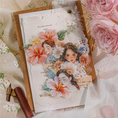 30 Pcs Flower-Adorned Girl Series Retro character journaling Stickers