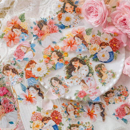 30 Pcs Flower-Adorned Girl Series Retro character journaling Stickers