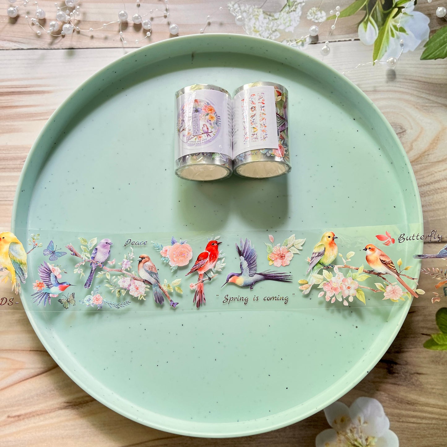 55mm* 2M Roll Birds and Flowers Glossy pet tape for journaling