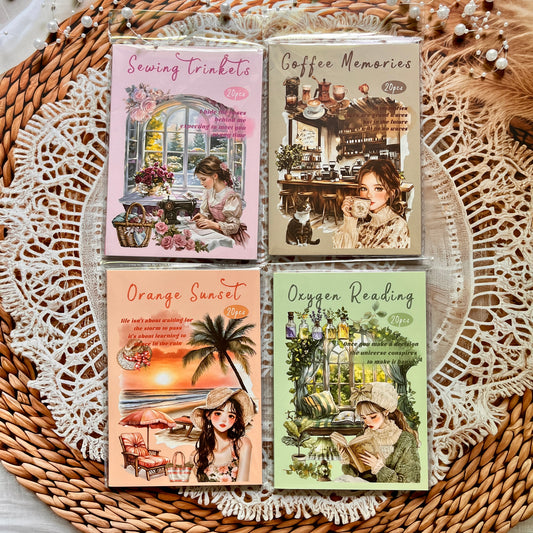 20 Pcs Small Fortune Series Vintage Character Flower Coffee Landscape Sticker Book