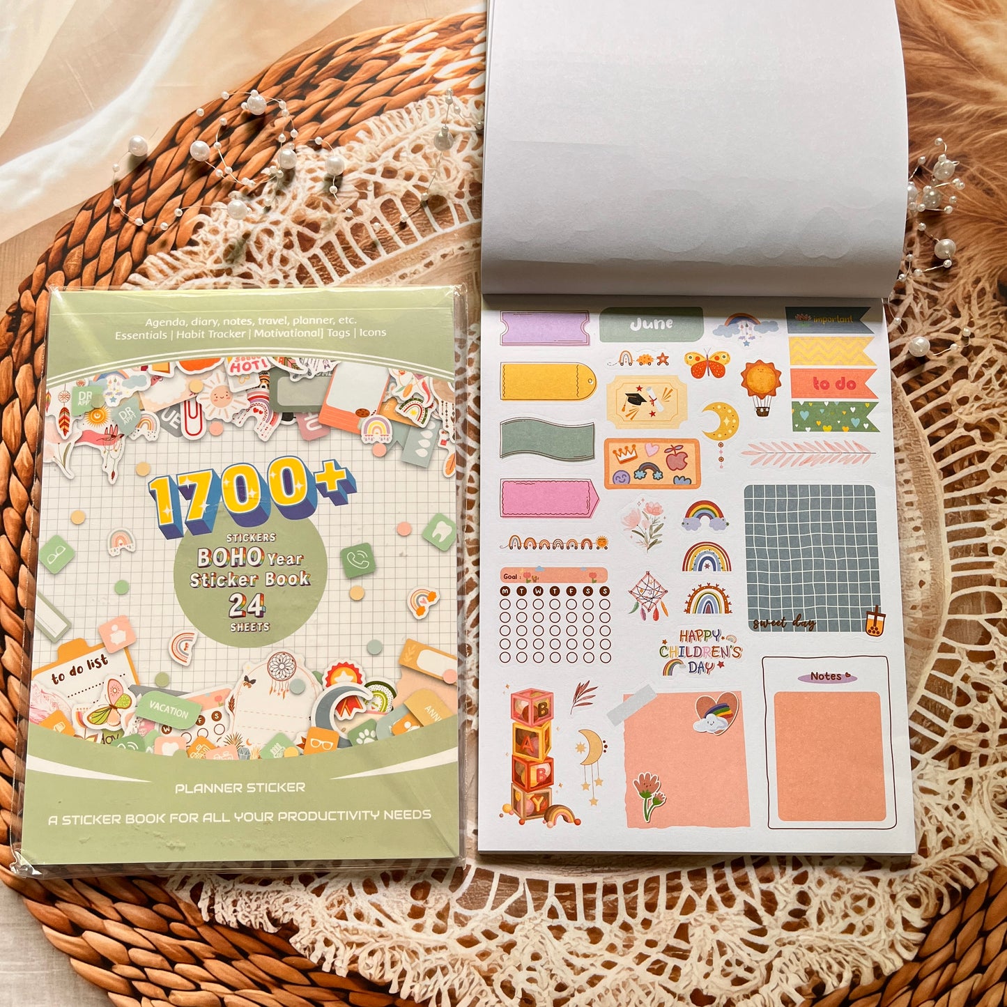 24 Sheets Aesthetics Boho Watercolor Planner Sticker Book