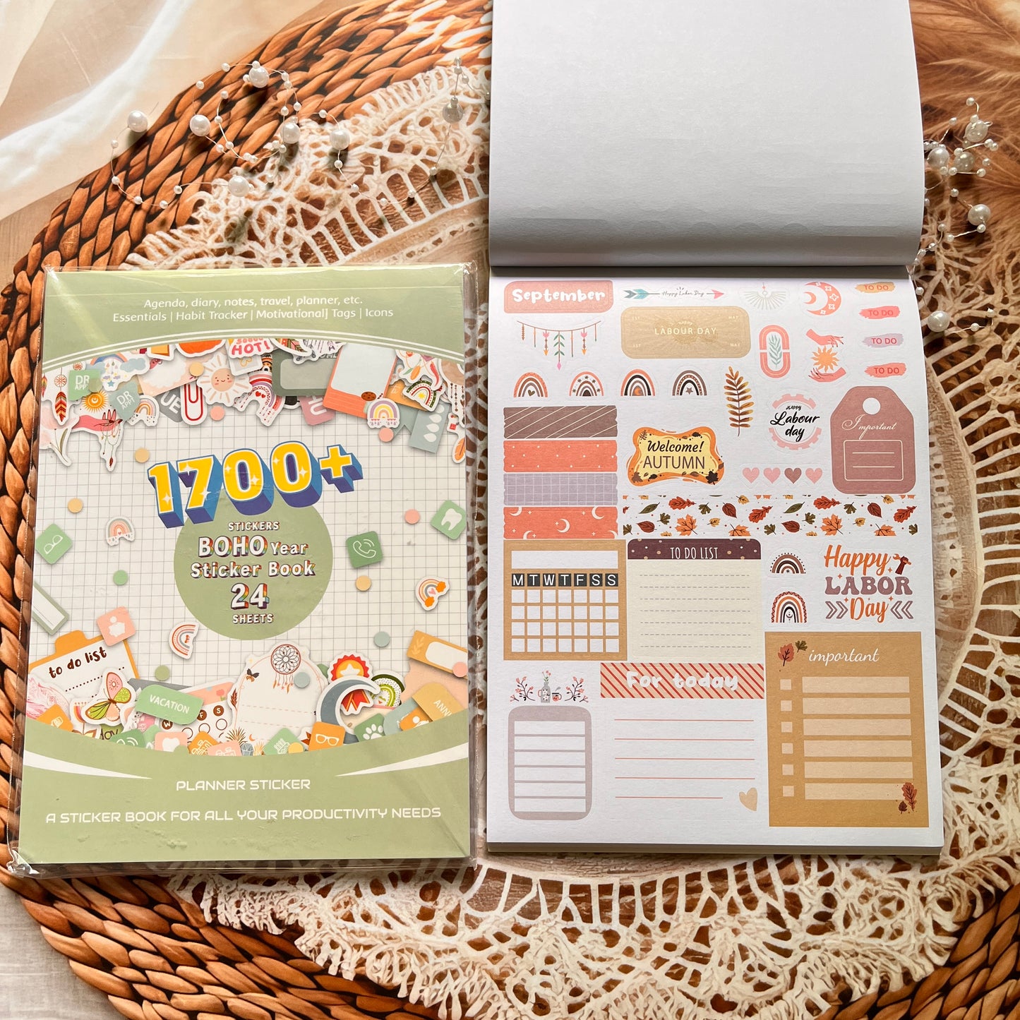 24 Sheets Aesthetics Boho Watercolor Planner Sticker Book