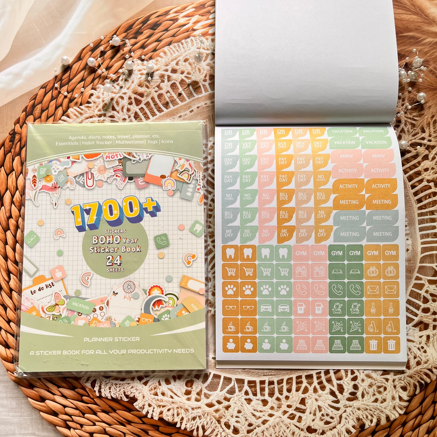 24 Sheets Aesthetics Boho Watercolor Planner Sticker Book