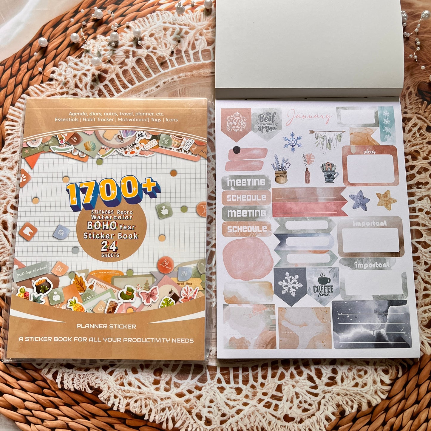 24 Sheets Aesthetics Boho Watercolor Planner Sticker Book