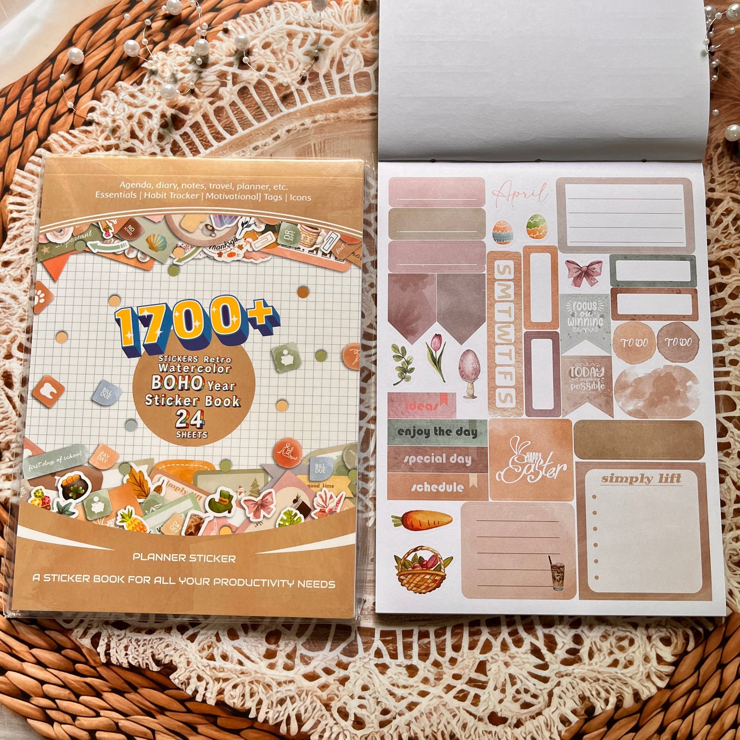 24 Sheets Aesthetics Boho Watercolor Planner Sticker Book