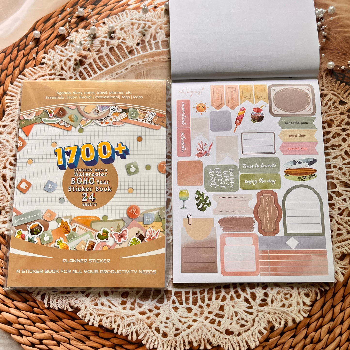 24 Sheets Aesthetics Boho Watercolor Planner Sticker Book