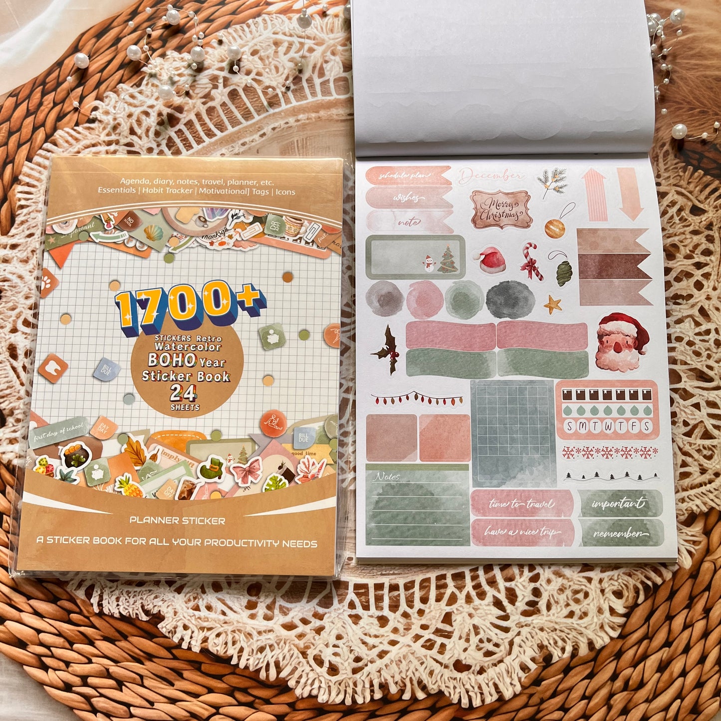 24 Sheets Aesthetics Boho Watercolor Planner Sticker Book