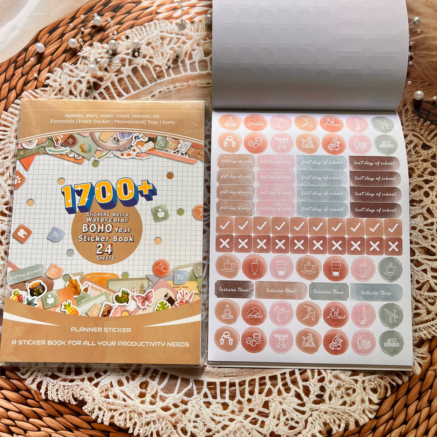 24 Sheets Aesthetics Boho Watercolor Planner Sticker Book