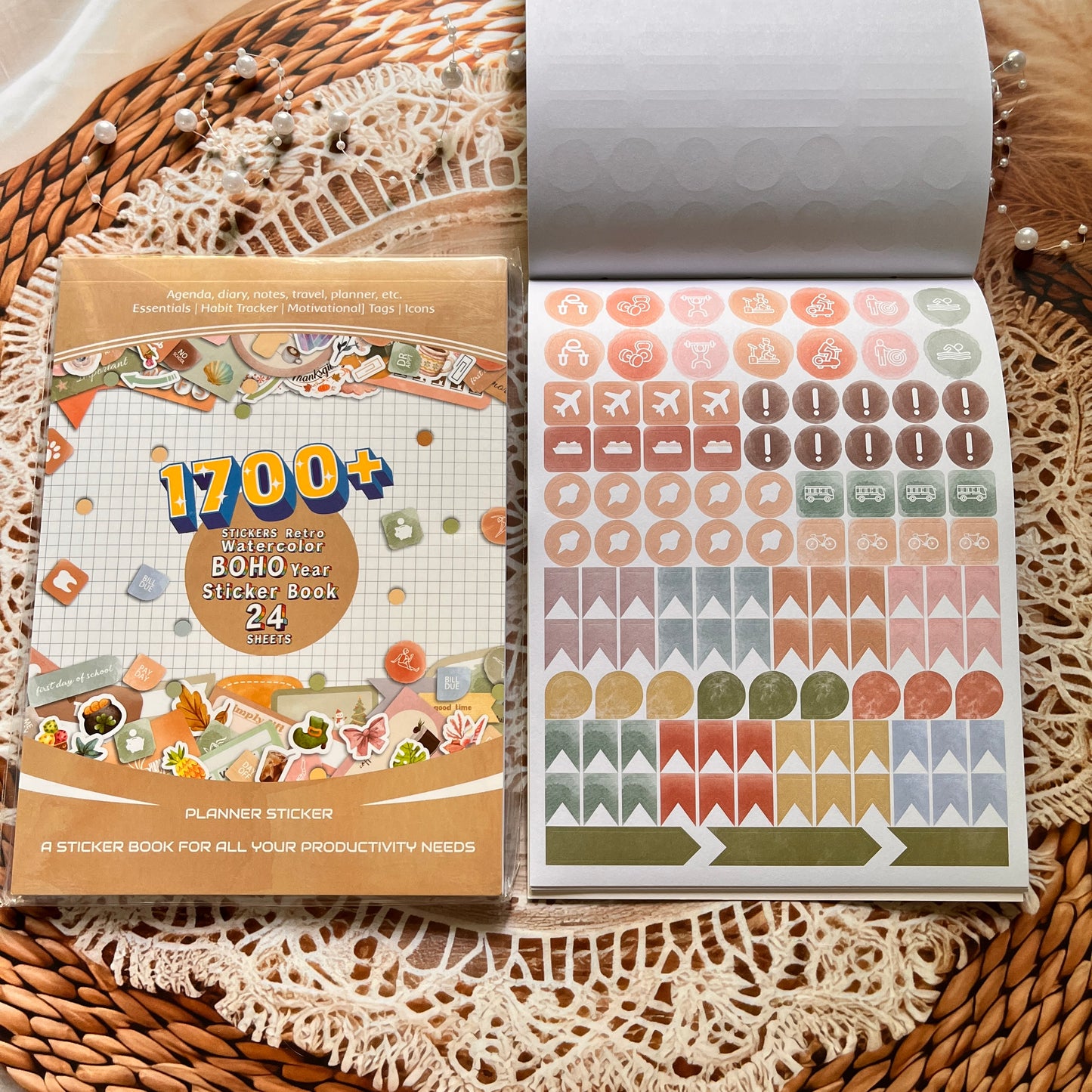 24 Sheets Aesthetics Boho Watercolor Planner Sticker Book