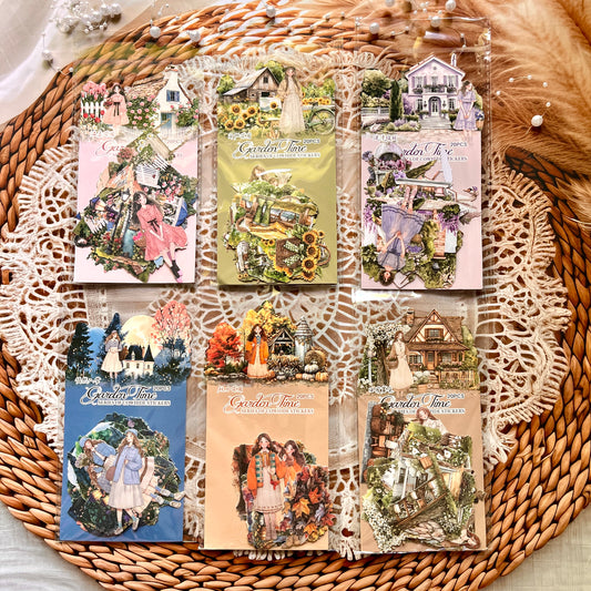 20 Pcs Garden Time Series Vintage Flower House Character Washi Stickers