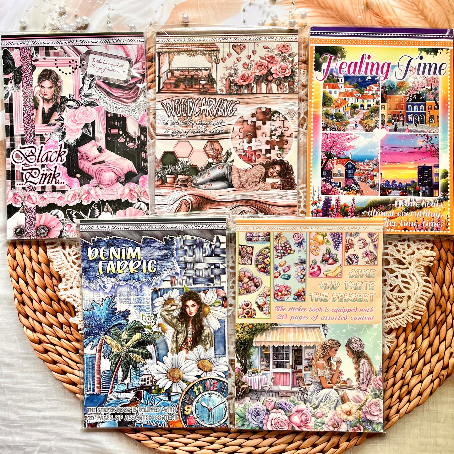 20 Sheets Characters Roses Landscape Sticker Book for Journaling