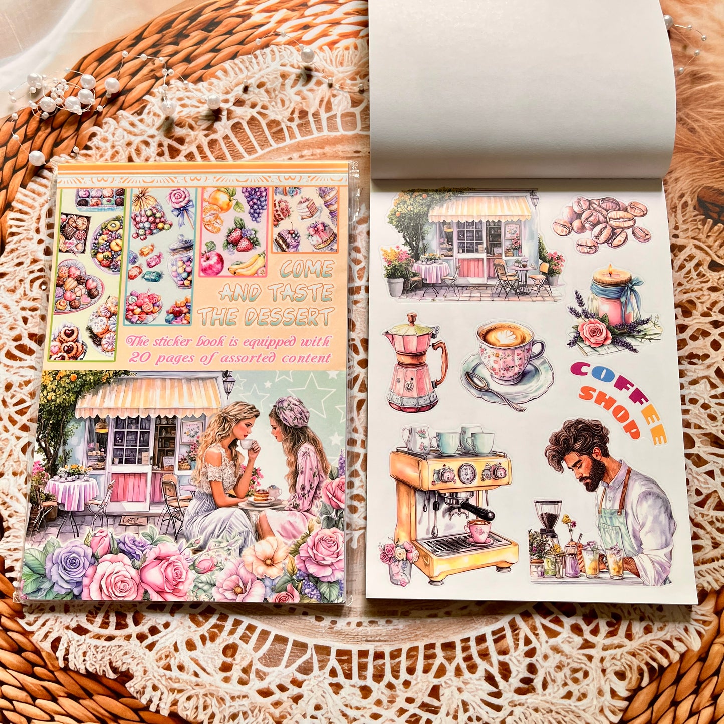 20 Sheets Characters Roses Landscape Sticker Book for Journaling