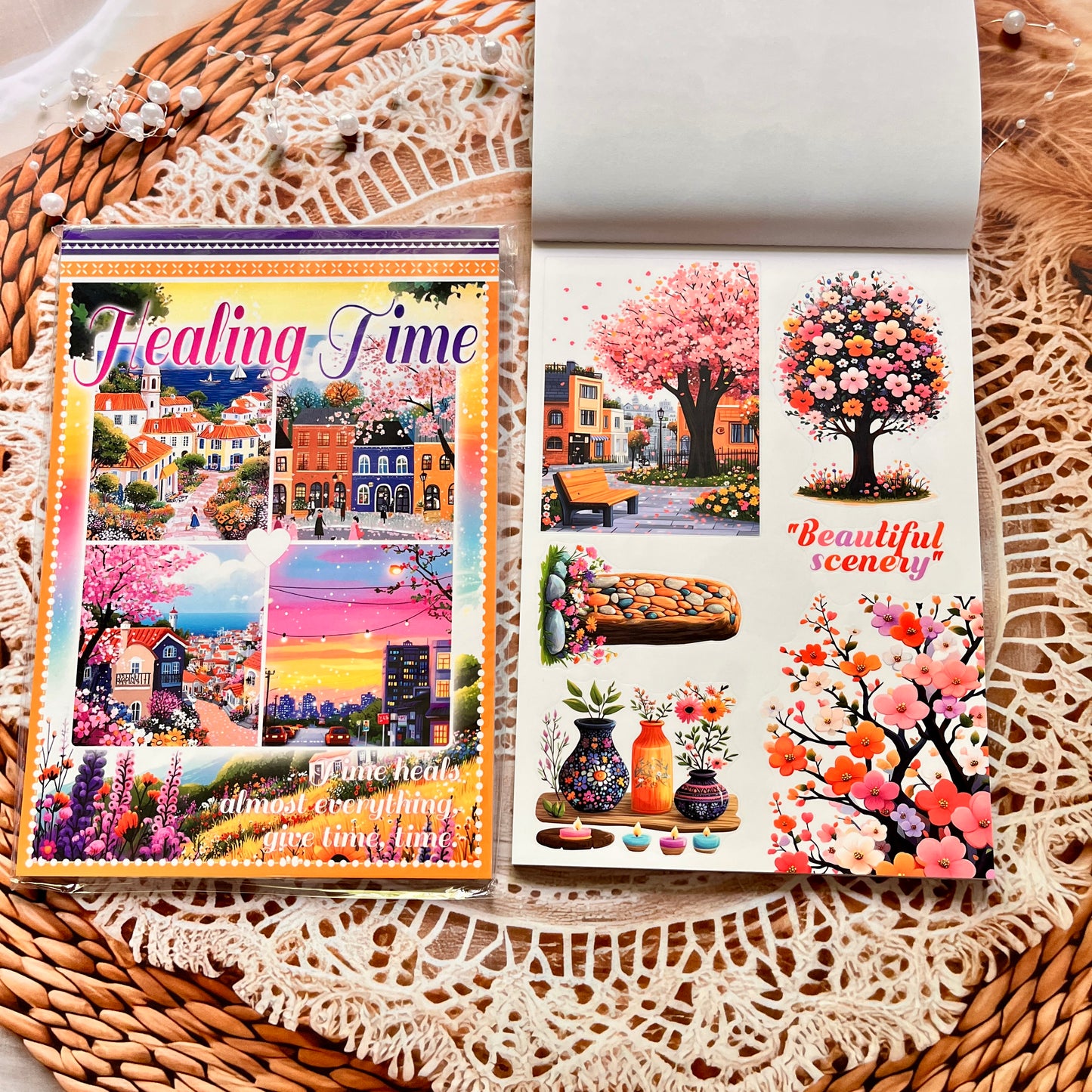 20 Sheets Characters Roses Landscape Sticker Book for Journaling