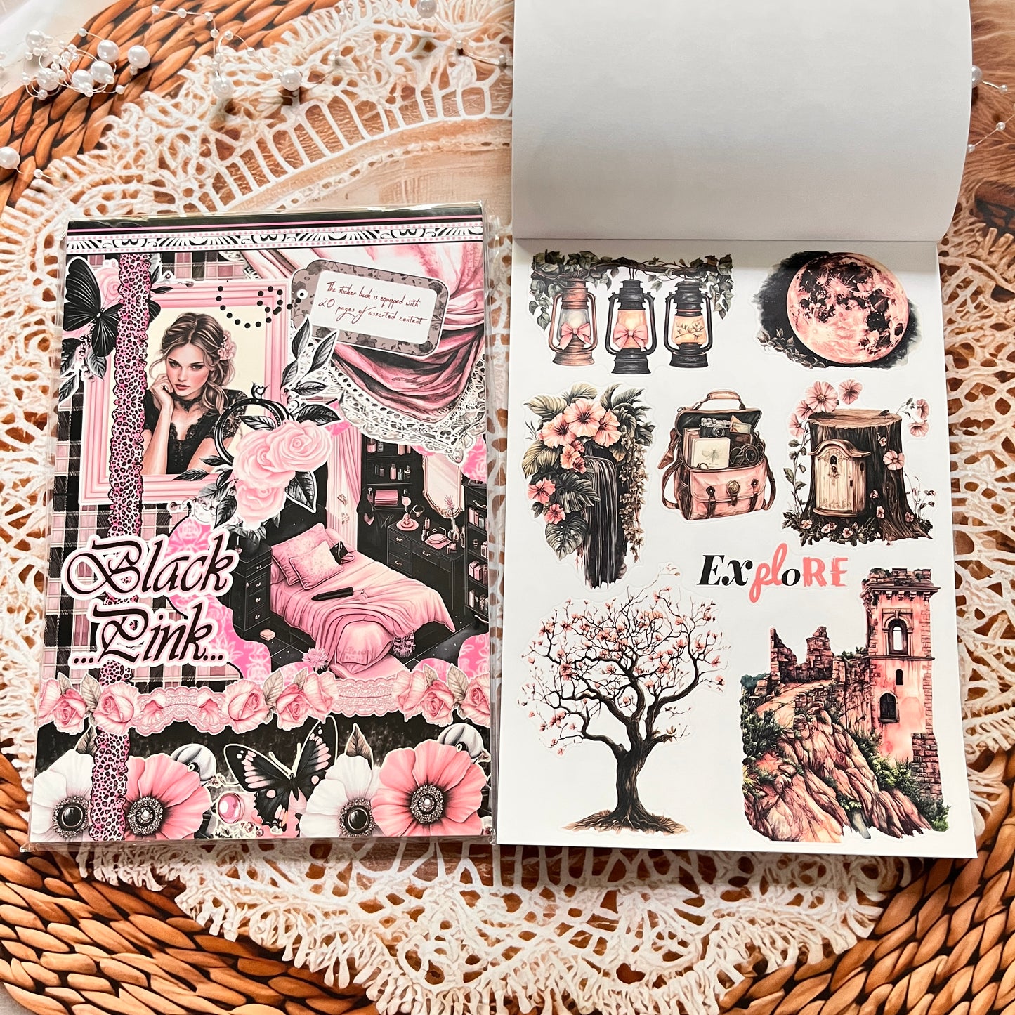 20 Sheets Characters Roses Landscape Sticker Book for Journaling