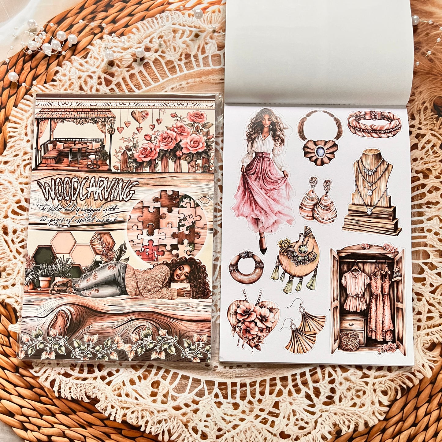 20 Sheets Characters Roses Landscape Sticker Book for Journaling