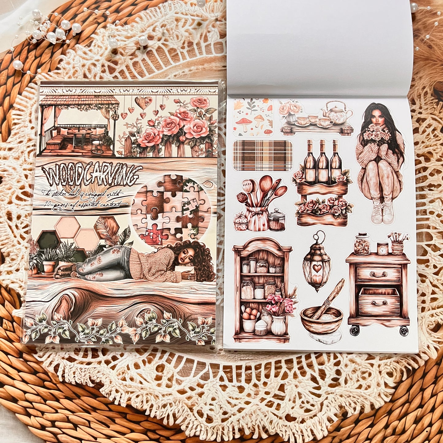20 Sheets Characters Roses Landscape Sticker Book for Journaling