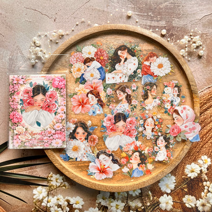 30 Pcs Flower-Adorned Girl Series Retro character journaling Stickers