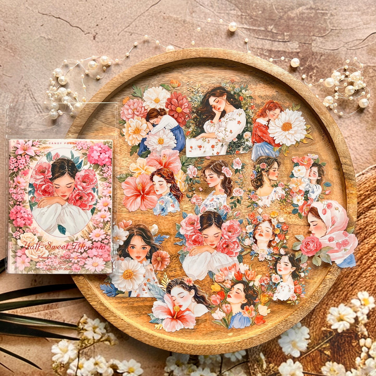 30 Pcs Flower-Adorned Girl Series Retro character journaling Stickers